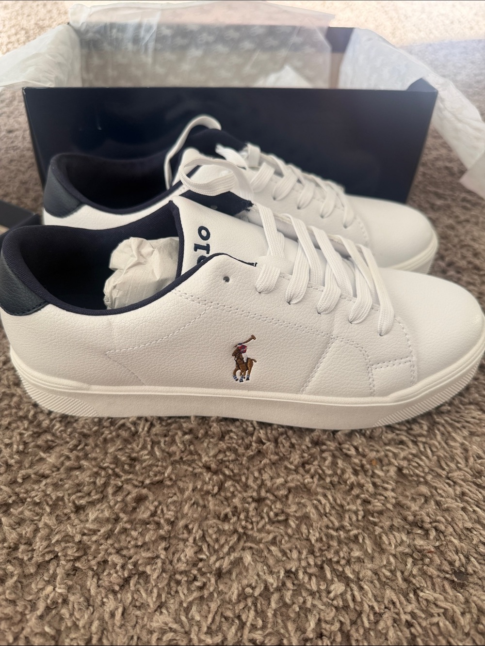 Polo by Ralph Lauren White Leather Sneakers with Navy Trim and Embroidered Pony